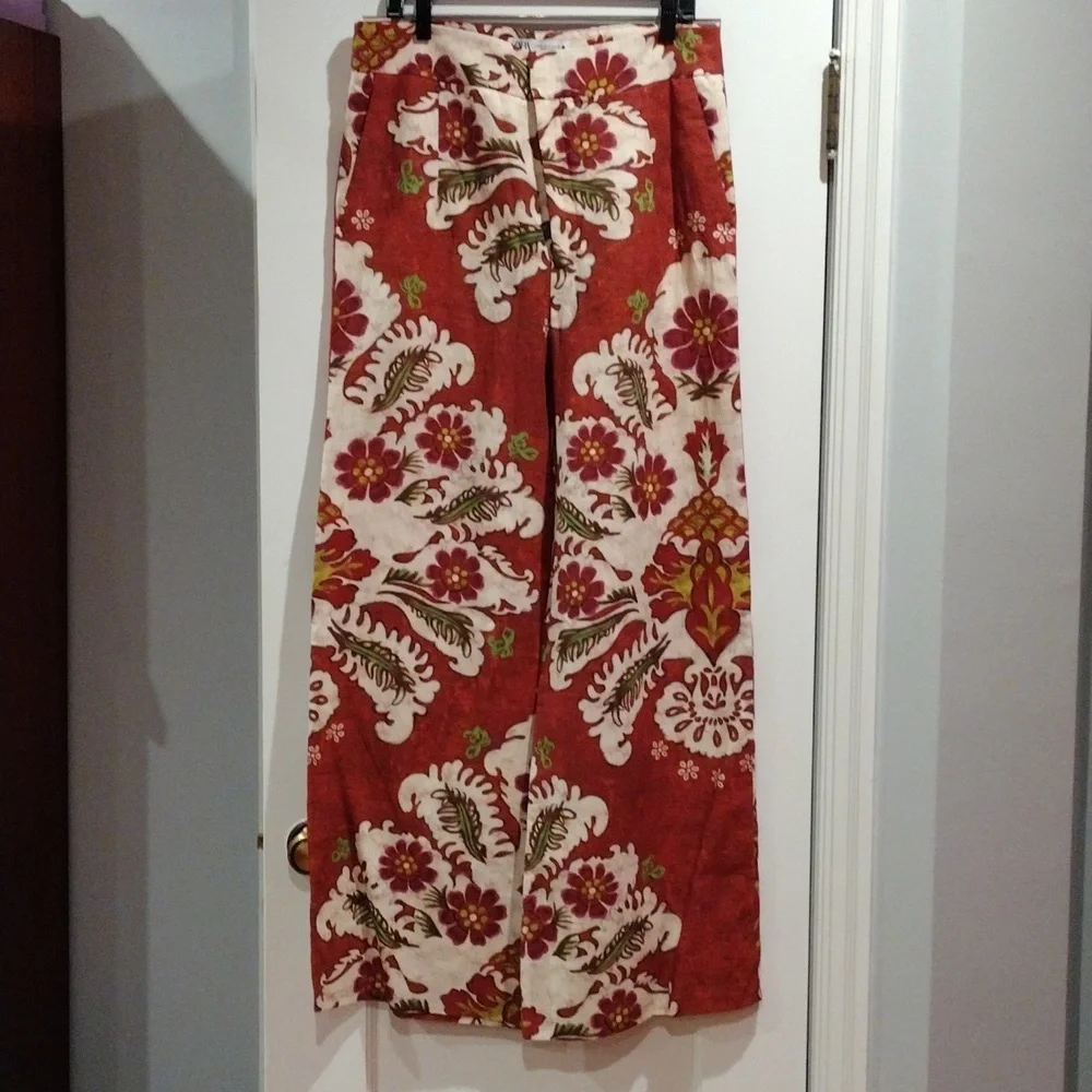 Zara Linen Blend Resort Set Printed Wide Leg Pants XL Tunic Dress M/L Boho - Picture 12 of 17